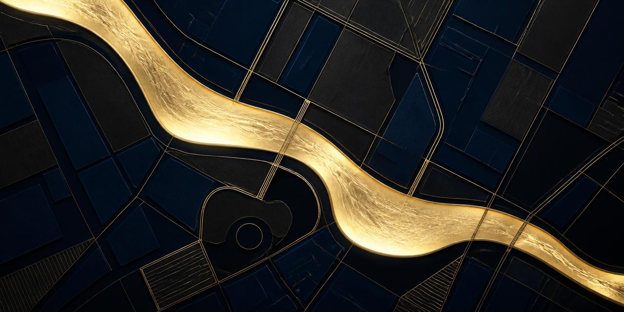 Abstract illustration of layered precinct blocks crossed by a soft glowing river band