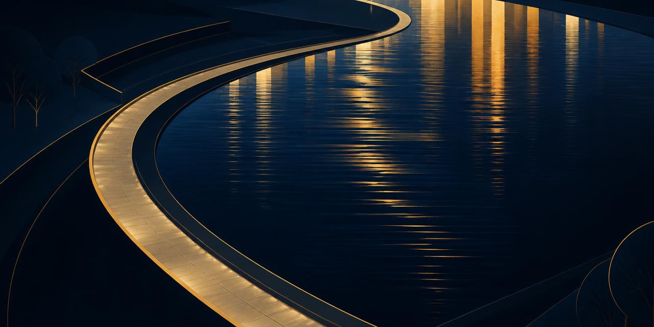 Abstract illustration of a riverside walkway motif with layered reflections and path lines